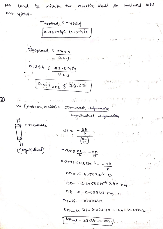 load is within the clastic lumit Bo matuial will not yielde Applied, co oyield 01286 MPq2 12.5 MPq rapplied cours 1 fois 0.28
