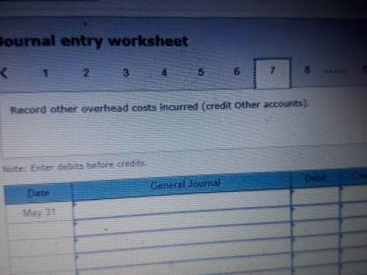 Journal entry worksheet Record other overhead costs incurred (credit Other accounts).