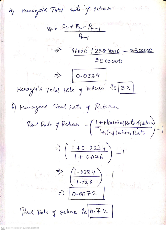 rate return a) Managers Total of C + Pt-Pray Pt-l = 96000 +2281600 2300000 2300 000 0.0334 return 48/39 Managers & Total r