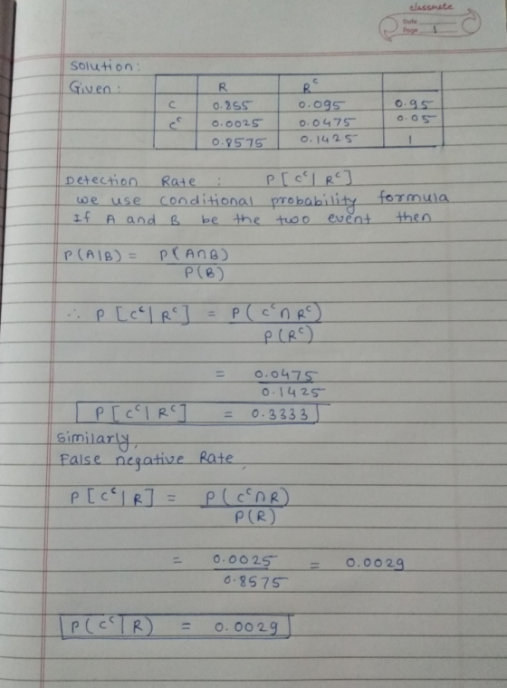 classmate solution: Given: L R T 0.255 0.095 0.0025 0.0475 0.8575 0.1425 0.95 0.05 Detection Rate : P [ c, R J we use conditi