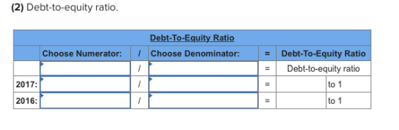 (2) Debt-to-equity ratio. Debt-To-Equity Ratio 1. Choose Denominator: Choose Numerator: Debt-To-Equity Ratio Debt-to-equity r