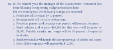 13. In the current year, the manager of the Downtowner Restaurant has been following the operating budget reproduced here For the coming year, the following changes are expected a. Food sales will increase by 10 percent b. Beverage sales will increase by 6 percent C. Food cost percent and beverage cost percent will remain the same d. Fixed salaries and wages $69,300 for this year-will increase by $8,000. Variable salaries and wages will be 16 percent of expected food sales. e. Employee benefits will remain the same percentage of salaries and wages E Controllable expenses will increase by $12,000.