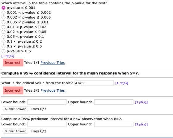 Which interval in the table contains the p-value for the test? O p-value < 0.001 O 0.001 < p-value = 0.002 O 0.002 < p-values
