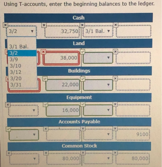 Using T-accounts, enter the beginning balances to the ledger Cash 0 2 3 5 Land 2 3,7 | /1 al . ▼: 1 3/2 : 3/1 Bal. 38,000 3/9 3/10 3/12 Buildings G 3/20 3/31 22,000 Equipment 、Lt-16,0031ーーゴ: Accounts Payable 9100 Common Stock 80,0003 80,000