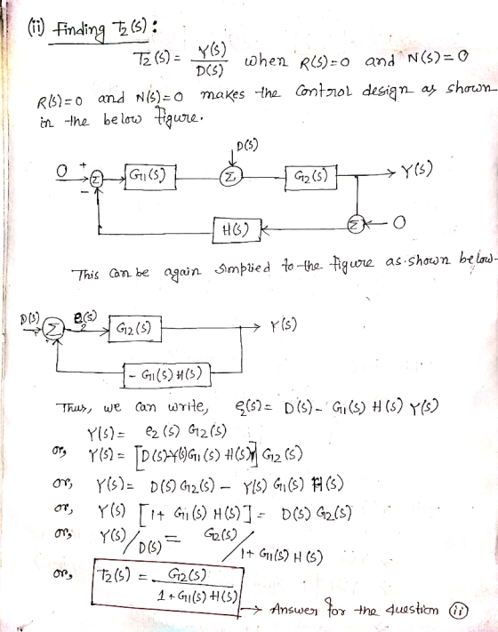 (ii) Finding Tz (s) : : T2 (5) = yes when R(S)=o and N(5)= 0 R(3)=0 and Nis)=0 makes the control design as shown in the below