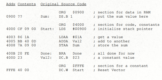 ntern ORG $0900 DS.B 1 ; section for data in RAM : put the sum value here 0900 ? Sum: ORG $4000 ; section for code, constants
