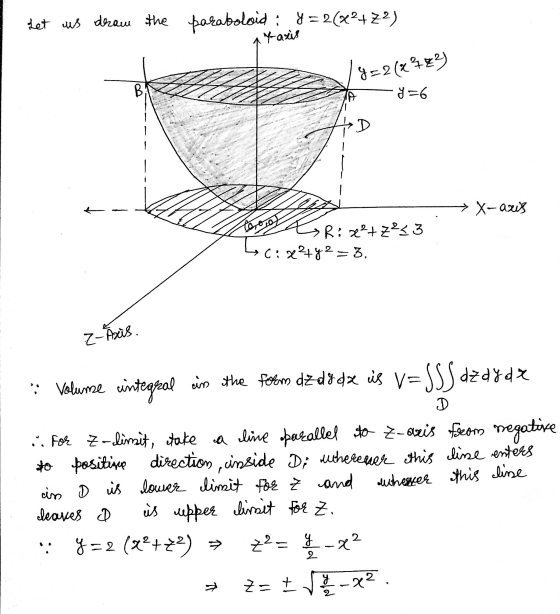 Let us draw the paraboloid : y = 2(x2+22) at-axis 8=2(x+23 B JA y=6 → X-axis 010) •Rix²+z²23 Cixy2 = 3, Z-Axis. Volume inte
