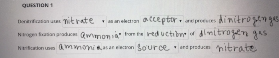 QUESTION 1 Denitrification uses mitrate as an electron acceptor , and produces dinitrogengas Nitrogen fixation produces ammon
