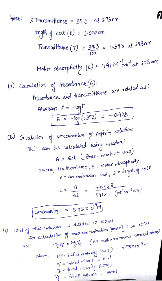 Gpver). % Transmillance = 31.3 af 2013 nm length og cell () = 1.000 em Trans mittance (T) = 37.3 = 0.373 at 2730m 100 Molar a