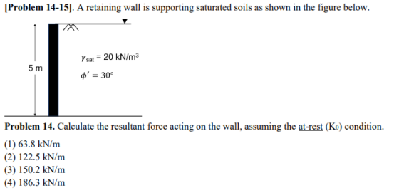 [Problem 14-15). A retaining wall is supporting saturated soils as shown in the figure below. Y sat = 20 kN/m3 5 m = 30° Pr