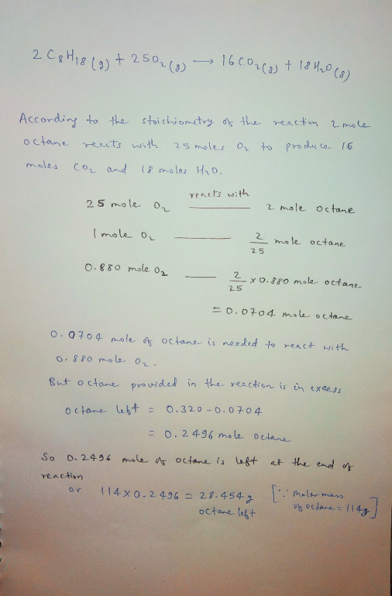 2 CgH189) t 250_ {3 16cor(a) t (s) Accordin to the stoichiomtry ds the esctm moe Or to Produ co 16 octane eects wi th 25moles