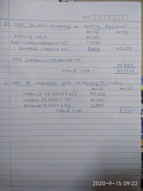 DATE d cost of units Horsterred to opening WIP Add: - Labour (2000x7.79) overhead (2000X 3.34) Bottling Department: Am ($) Am