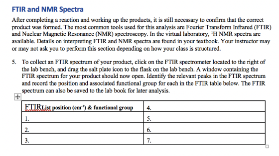 FTIR and NMR Spectra After completing a reaction and working up the products, it is still necessary to confirm that the corre