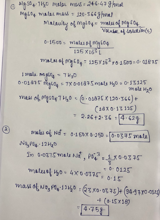 0 mg.S04.7H₂0 malar mass=246.47 g/mol mgso, molar mars = 120.366 g/mal malarity of mg soq = males of Mg 504 roluble of soluti