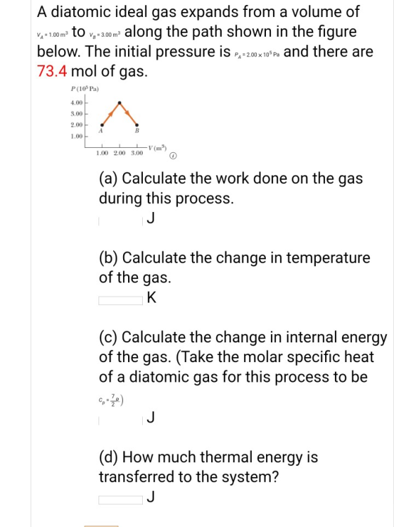 A diatomic ideal gas expands from a volume of - ,00 m2 to v3.0m along the path shown in the figure below. The initial pressur