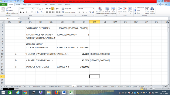OPTIMAL RISKY PORTFOLIO VC AMORT SINKING JORDAN - Microsoft Excel (Product Activation Failed) File Home Insert Page Layout Fo