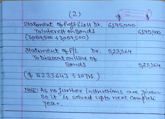 Date Page (2) Statement of Profit & Loss Dr. 6175,000 Tolnterest on Bonds 6175000 (3087,500 +3087.500) 523,364 statement of P