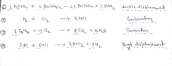 10 1 kcroy + 1 Boilrig): 1 BaCroy + 2 KNO double displacement Combination (2 + وأC 2 Hc | 2 1410 + 13 O₂ --> 8 COL 710 MO Com