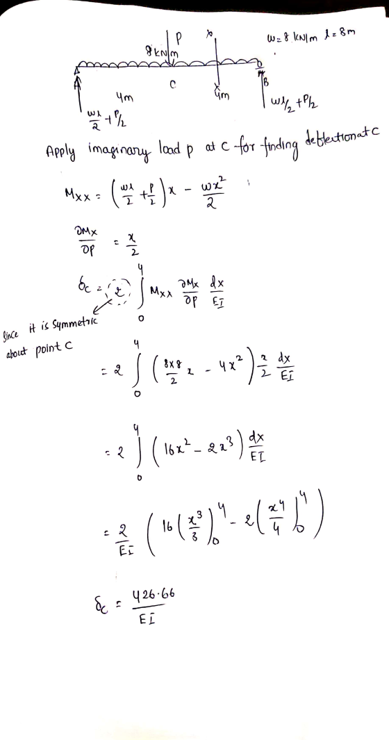 IP W = 8 kNlm d = 8m C B um I wiltPlz WA+/h Apply imaginary load p at c for finding deflectionate МҳХ 14 Since it is Symmetri