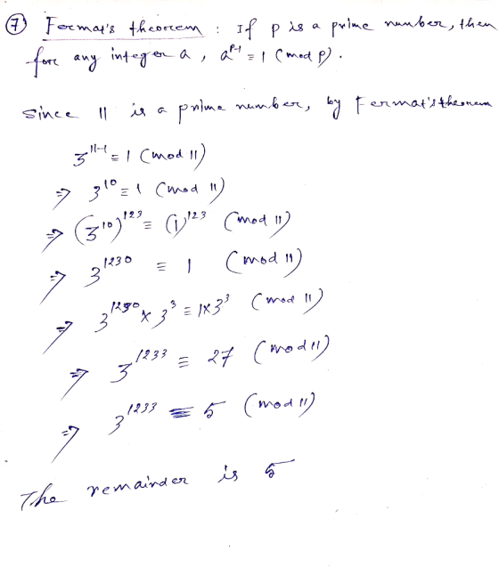 ② Fermays theorem: If p is a prime number, then Fermats the one for any integer a , alt=1 (mod f). since ll. is a prime num