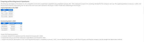 Computing and Recording Interest Capitalization The following information is from Bowin Inc. for a long-term construction pro