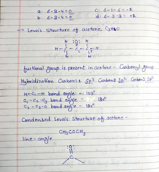 Q. 6-9-4 = 0 bi 6-9-4 = 0 C. 6-1-6=-1 di 6-3-g+1 > Lewis Structure of acetone. C3H60 :0 H HCC tetto - fuctional group is pres
