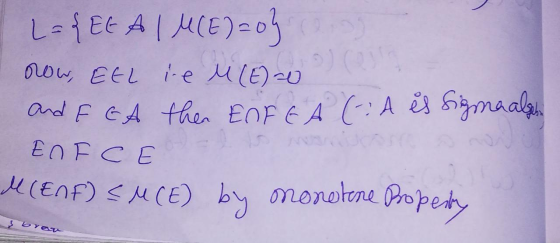 L= {EE A IM(E)=0} now, EEL Le H(E)-0 and F EA then ENFEA (A is signa alsh EOFCE M(ENF) SM (E) by morotene Property & breu