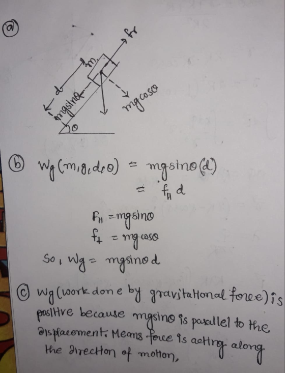 gr u sher mgcoso 16 wg mo.doo) = mgsino (4) ho = mg sino ft = ng caso So, Wg- masinad © wg (work done by gravita Honal foree)