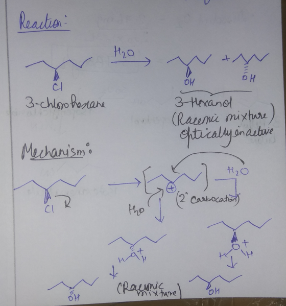 Reaction H₂O AN OH OH al 3-chloohescane 3 Hexanol (Racenie mixture eftically sin aetere Mechanismo H2O 2 Carbocations) CU th