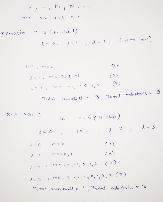 K, L, M, N.... n=1 n=2 n=3 n=4 8 A 10(a) in n=3 cm shell) l=0, l=1 do 2 (up to 6-1) leo, meo CI (3) Dal, m= 0,1,-1 2=2, me