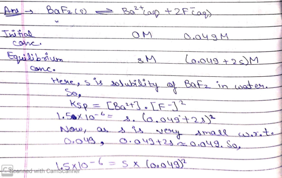 Ane BaF2 (8) Beltrapp +2f1agy V Initial 0.049 M Equilibrium SM Lo.oug +28) M conco Here, s is solubility of Bata in water. Ks