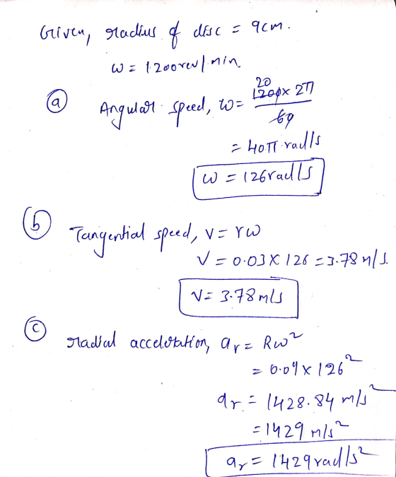 Given, radius of disc = 9cm. W = 120oren/ min 20 277 @ L20px W = Angular speed, 69 = 40.11 ralls W =126ralls 6 Tangertical sp