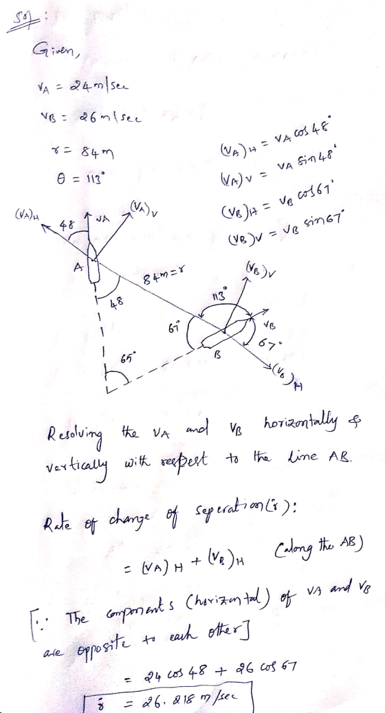 Sot Giren, VA = 24 see VB = 36 msee %= 84m (NA) = VACOS 48 VA S748 O = 113 VAV (VA)v = Va co$671 (VA) A 48 (ve. Dit (VB) = V