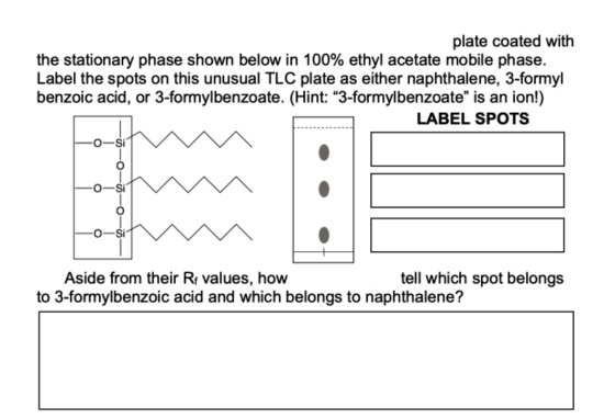 plate coated with the stationary phase shown below in 100% ethyl acetate mobile phase. Label the spots on this unusual TLC pl