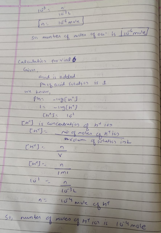 103 L In 156 mole su, number of moles of our is 1100 mole Calculation for vial of Ginn, and is added Phy, acid solution is t