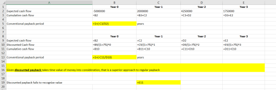 Year 0 Year 1 Year 2 Year 3 2 Expected cash flow 3 Cumulative cash flow -5000000 =B2 2000000 =B3+C2 4250000 =C3+D2 1750000 =D