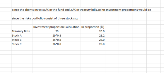Since the clients invest 80% in the fund and 20% in treasury bills,so his investment proportions would be since the risky por