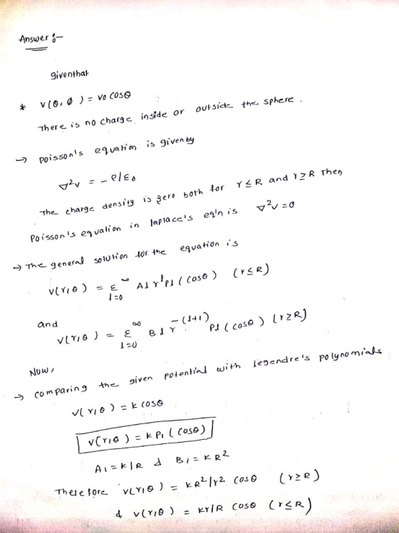 Answer giventhaㅏ outsid the. sphere Thereis no charge side or is given by → poissons eguah, The 2 apla ces ean is Poisson s ejualion in The geslon 40r the eqvaton s and legend re s po ly no miak → comparing the given rotentind with
