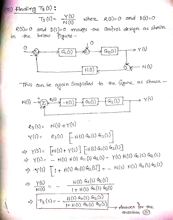 N (S) (tii) finding T3(5): T3 (39= y 2 when R65)=0 and D65)=0 RCS)=0 and D(52-0 makes the control design as shown in the belo