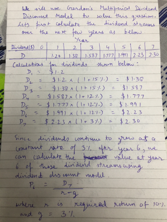 We will use Gordons Multiperiod Divideod Discount model to solve this question. Lets first calulate the dividend streams ove
