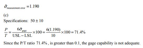 Ơmeasurement error-1.190 o, Specifications: 50±10 = 60,age x100 = 6( 1:190) × 100 = 71.4% T USL-LSL 10 Since the P/T ratio 71