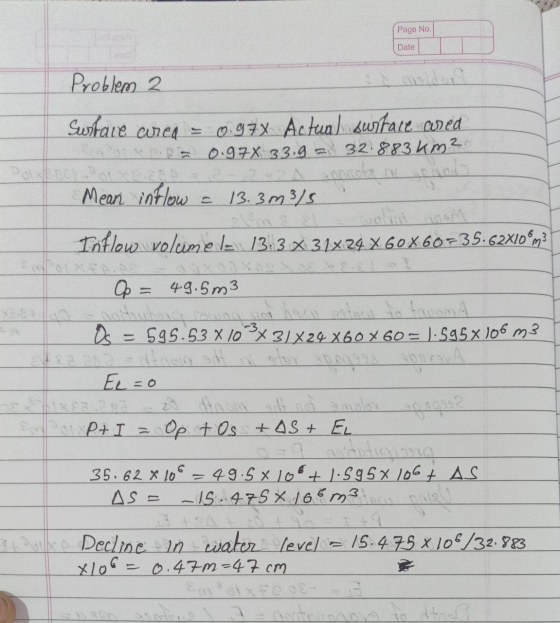 Page No Date Problem 2 Surface cured 0.97X Actual sustace area 0.97X 33.9 = 32.883 km? Mean intlow = 13.3m 3/5 Sol Toflow vol