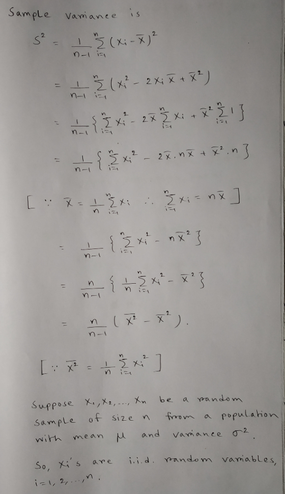 Sample vamianee Vam a neeIS 2 2 x ,V n- 2x; Suppose × X2, ,Km be a ma n do m sample of size n apepulshon wirh me an and Van o