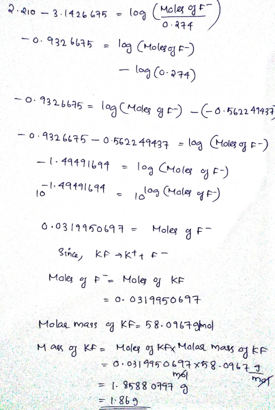 log (Mole o 3.1426 675 leg CMoles o. 932 675 - log (o-274) - O. 132665 -0.5224143 og CMaleg g -o.932 6675-0.562249437 lag Mol