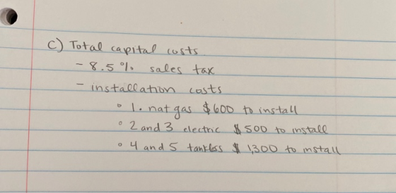c) Total capital costs -8.5 ° sales tax - installation costs ol 1. nat gas $600 to install 2 and 3 electric $500 to install •