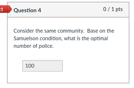 Question 4 0/1 pts Consider the same community. Base on the Samuelson condition, what is the optimal number of police. 100