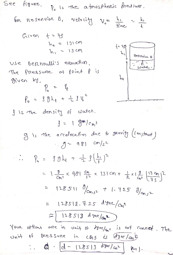 See figure o n the atmospheric f sure for nesenvion B, velocity vos him the time restruiun B . Given tots 1. ht=131cm hi=13cm
