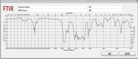 FTIR Common Name: IUPAC Name: BP: MP: MICRONS 2.2 2.3 24 25 2.6 2.7 2.8 2.93 3.5 4 4.5 5.5 8 9 10 11 12 13 14 15 16 17 18 19