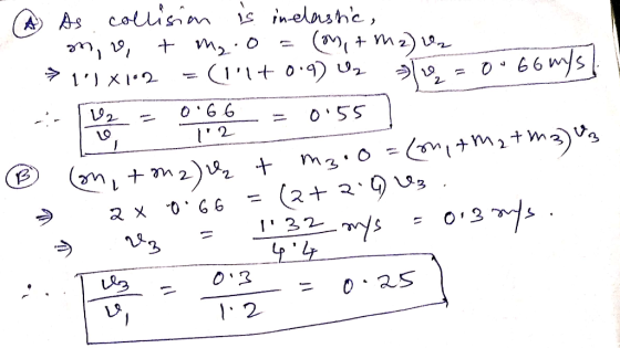 A As collision is in elastic, m, o + m₂.0=(M,+ m2) u. > 11 x2 = (11+0.9) Un lw= 00 66 mysli - Uz = 0.66 = 0.557 ③ (on, + m2