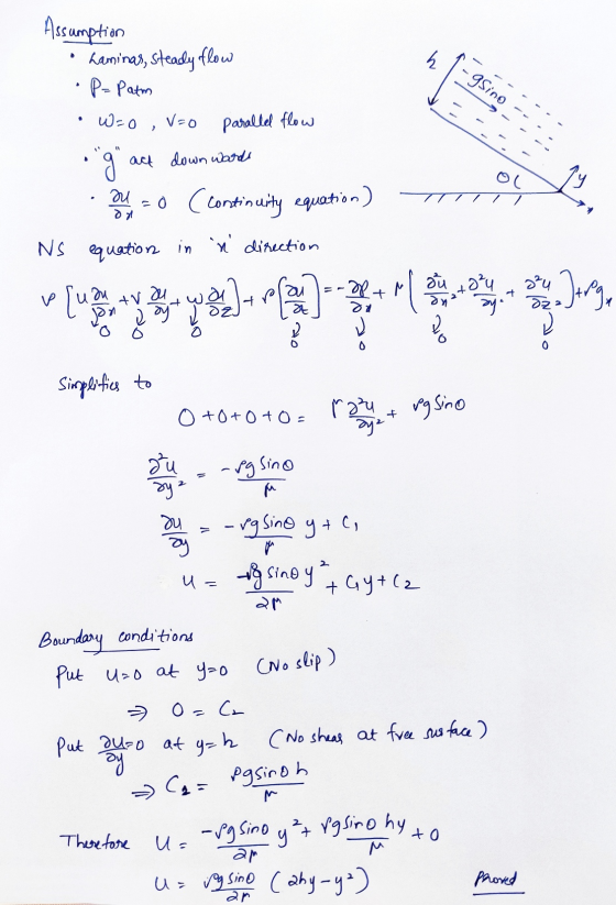 h - gSino W=o, Assumption • Laminas, steady flow • P= Patm v=o paralled flow :g -0 (Continuity equation) NS equation in n d